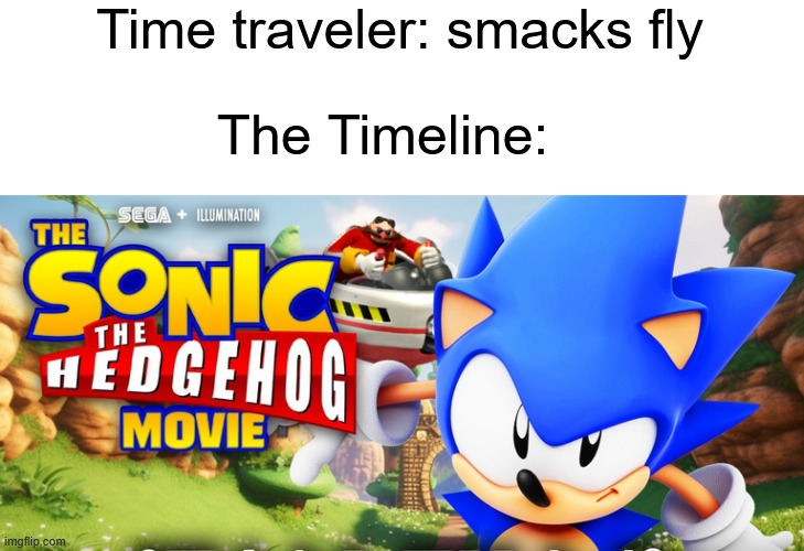 Illumination sonic movie | Time traveler: smacks fly; The Timeline: | image tagged in memes,illumination,sonic the hedgehog,time traveler | made w/ Imgflip meme maker