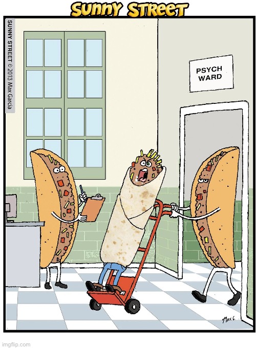 Loco burrito… | image tagged in comics,sunny street,psych ward,tacos,burrito,loco | made w/ Imgflip meme maker