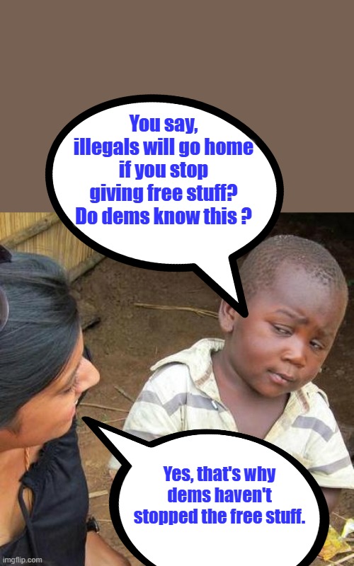 MORE free stuff more dem votes | You say, illegals will go home if you stop giving free stuff? Do dems know this ? Yes, that's why dems haven't stopped the free stuff. | image tagged in memes,third world skeptical kid | made w/ Imgflip meme maker