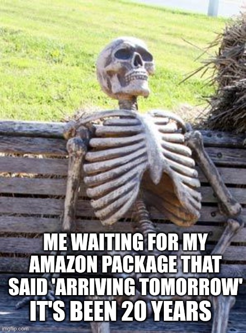 Waiting Skeleton Meme | ME WAITING FOR MY AMAZON PACKAGE THAT SAID 'ARRIVING TOMORROW'; IT'S BEEN 20 YEARS | image tagged in memes,waiting skeleton | made w/ Imgflip meme maker