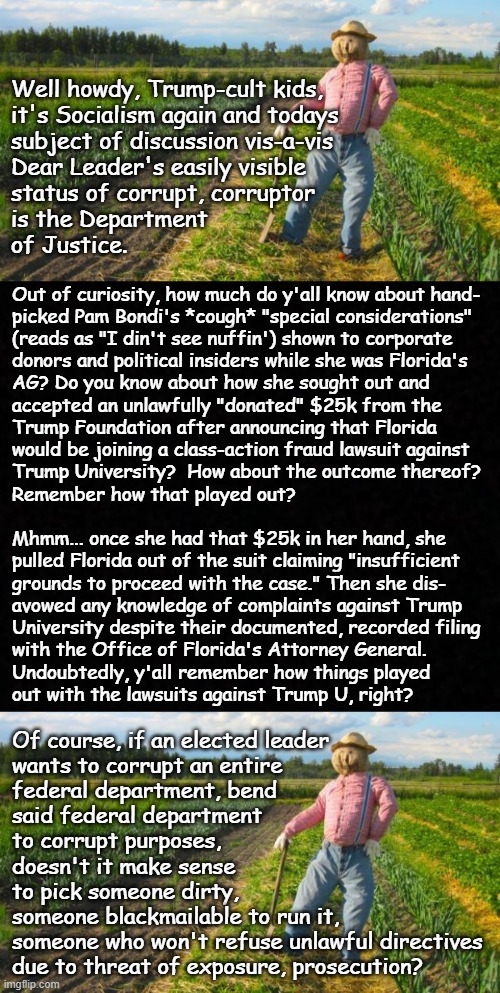 Demon In a Meat-suit Pt. 3 | Well howdy, Trump-cult kids,
it's Socialism again and todays
subject of discussion vis-a-vis
Dear Leader's easily visible
status of corrupt, corruptor
is the Department
of Justice. Out of curiosity, how much do y'all know about hand-
picked Pam Bondi's *cough* "special considerations"
(reads as "I din't see nuffin') shown to corporate
donors and political insiders while she was Florida's
AG? Do you know about how she sought out and
accepted an unlawfully "donated" $25k from the
Trump Foundation after announcing that Florida
would be joining a class-action fraud lawsuit against
Trump University?  How about the outcome thereof?
Remember how that played out?
 
Mhmm... once she had that $25k in her hand, she
pulled Florida out of the suit claiming "insufficient
grounds to proceed with the case." Then she dis-
avowed any knowledge of complaints against Trump
University despite their documented, recorded filing
with the Office of Florida's Attorney General.
Undoubtedly, y'all remember how things played
out with the lawsuits against Trump U, right? Of course, if an elected leader
wants to corrupt an entire
federal department, bend
said federal department
to corrupt purposes,
doesn't it make sense
to pick someone dirty,
someone blackmailable to run it,
someone who won't refuse unlawful directives
due to threat of exposure, prosecution? | image tagged in pam bondi,trump unfit unqualified dangerous,criminal,corrupt | made w/ Imgflip meme maker