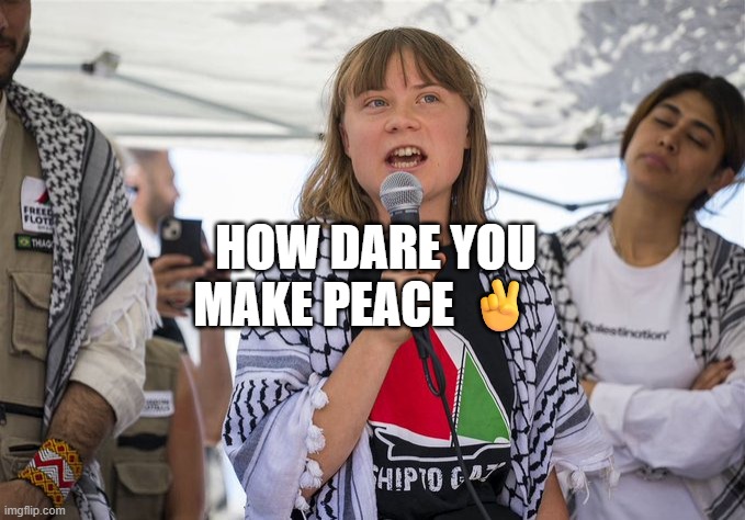 Greta Thunberg Palestine nuthugger | HOW DARE YOU MAKE PEACE ✌ | image tagged in greta thunberg palestine nuthugger | made w/ Imgflip meme maker