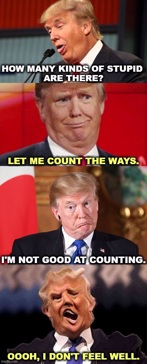 Losing ground rapidly. | HOW MANY KINDS OF STUPID 
ARE THERE? LET ME COUNT THE WAYS. I'M NOT GOOD AT COUNTING. OOOH, I DON'T FEEL WELL. | image tagged in how many kinds of stupid are there let me count the ways trump,trump,stupid,moron,dummy,senile | made w/ Imgflip meme maker