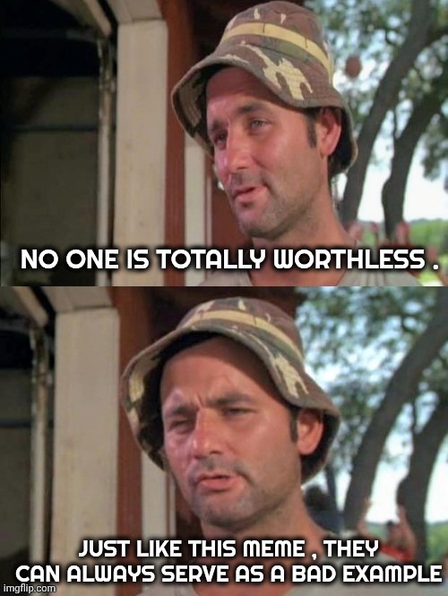 Carl tells a joke | NO ONE IS TOTALLY WORTHLESS . JUST LIKE THIS MEME , THEY CAN ALWAYS SERVE AS A BAD EXAMPLE | image tagged in carl tells a joke | made w/ Imgflip meme maker