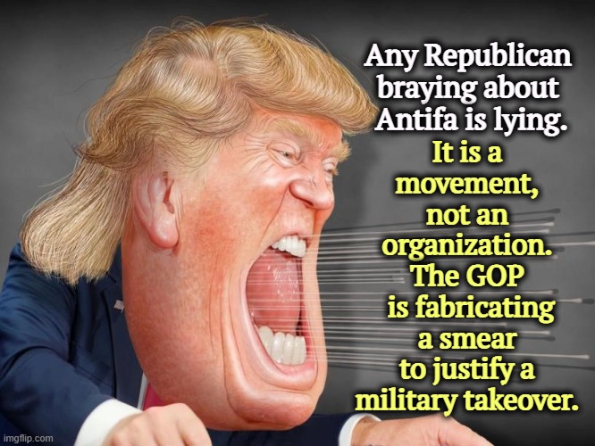 Trump saying nonsense every day | Any Republican 
braying about 
Antifa is lying. It is a 
movement, 
not an 
organization. 
The GOP 
is fabricating
a smear 
to justify a 
military takeover. | image tagged in trump saying nonsense every day,trump,antifa,lies,smear,fairy tale | made w/ Imgflip meme maker