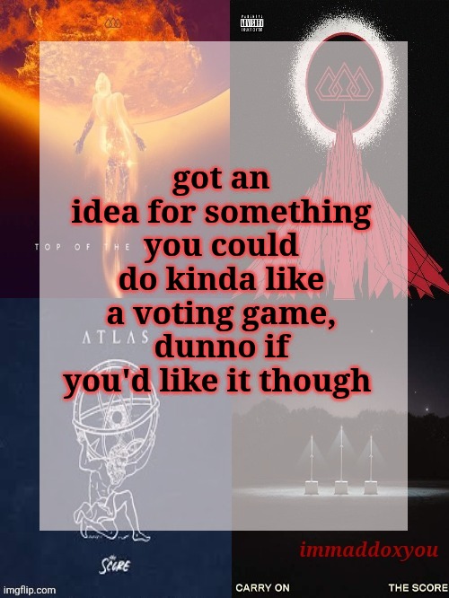 @yoshi | got an idea for something you could do kinda like a voting game, dunno if you'd like it though | image tagged in immaddoxyou's epic asf the score announcement temp | made w/ Imgflip meme maker