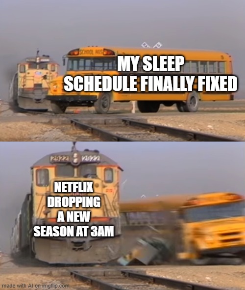 Damned Netflix | MY SLEEP SCHEDULE FINALLY FIXED; NETFLIX DROPPING A NEW SEASON AT 3AM | image tagged in a train hitting a school bus | made w/ Imgflip meme maker
