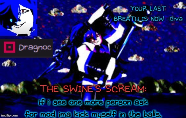 i'm being deadass rn. | if i see one more person ask for mod ima kick myself in the balls. | image tagged in dragnoc's deep blue diva announcement template | made w/ Imgflip meme maker