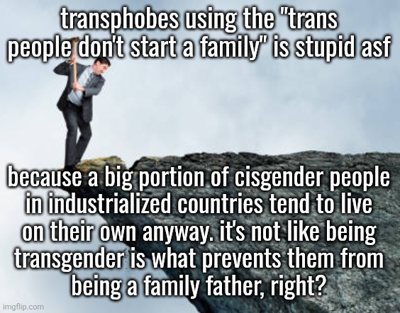 man breaking cliff | transphobes using the "trans people don't start a family" is stupid asf; because a big portion of cisgender people
in industrialized countries tend to live
on their own anyway. it's not like being
transgender is what prevents them from
being a family father, right? | image tagged in man breaking cliff | made w/ Imgflip meme maker