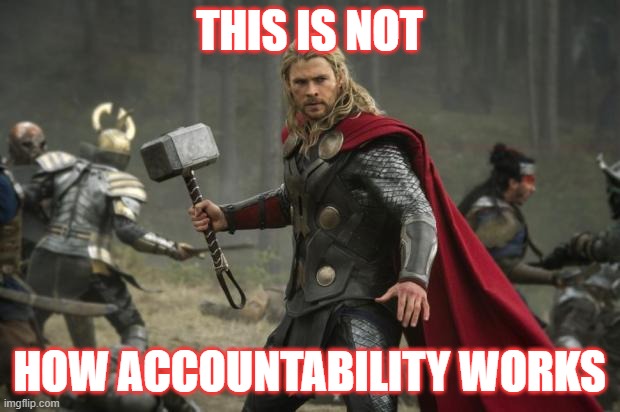 NOT what accountability looks like | THIS IS NOT; HOW ACCOUNTABILITY WORKS | image tagged in thor hammer | made w/ Imgflip meme maker
