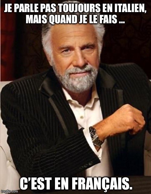 I don’t always, parle pas en italien | JE PARLE PAS TOUJOURS EN ITALIEN,
MAIS QUAND JE LE FAIS …; C’EST EN FRANÇAIS. | image tagged in i don't always,the most interesting man in the world,italian,french | made w/ Imgflip meme maker