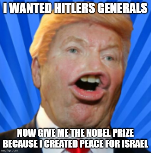 Might of already posted idk | I WANTED HITLERS GENERALS; NOW GIVE ME THE NOBEL PRIZE BECAUSE I CREATED PEACE FOR ISRAEL | image tagged in pathetic don | made w/ Imgflip meme maker