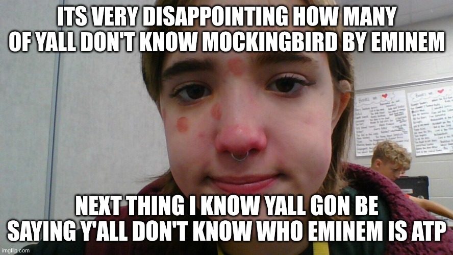 like how tf is this possible broski | ITS VERY DISAPPOINTING HOW MANY OF YALL DON'T KNOW MOCKINGBIRD BY EMINEM; NEXT THING I KNOW YALL GON BE SAYING Y'ALL DON'T KNOW WHO EMINEM IS ATP | image tagged in ladybug | made w/ Imgflip meme maker