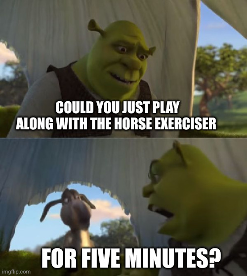 Could you not ___ for 5 MINUTES | COULD YOU JUST PLAY ALONG WITH THE HORSE EXERCISER FOR FIVE MINUTES? | image tagged in could you not ___ for 5 minutes | made w/ Imgflip meme maker