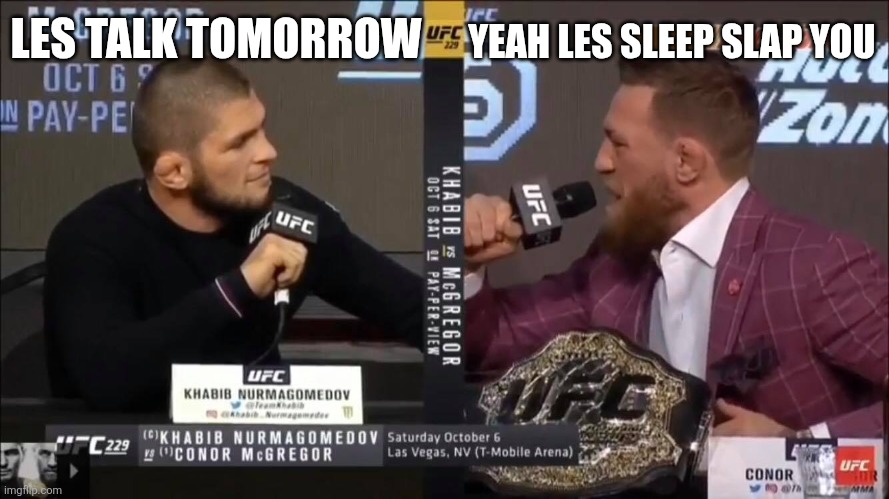 Khabib mcgregor meme | LES TALK TOMORROW; YEAH LES SLEEP SLAP YOU | image tagged in khabib and mcgregor | made w/ Imgflip meme maker