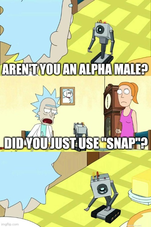 What's My Purpose - Butter Robot | AREN'T YOU AN ALPHA MALE? DID YOU JUST USE "SNAP"? | image tagged in what's my purpose - butter robot | made w/ Imgflip meme maker