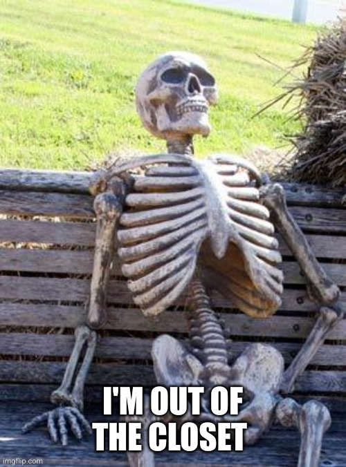 Waiting Skeleton Meme | I'M OUT OF THE CLOSET | image tagged in memes,waiting skeleton | made w/ Imgflip meme maker