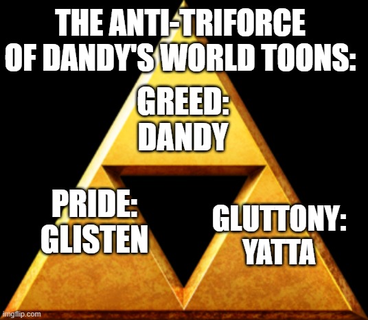 Anyone agree? | THE ANTI-TRIFORCE OF DANDY'S WORLD TOONS:; GREED:
DANDY; PRIDE:
GLISTEN; GLUTTONY:
YATTA | image tagged in triforce of things,dandy's world | made w/ Imgflip meme maker