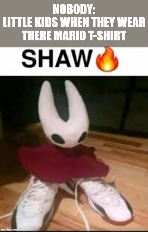 is this true chat? | NOBODY:
LITTLE KIDS WHEN THEY WEAR THERE MARIO T-SHIRT | image tagged in shaw meme silksong | made w/ Imgflip meme maker