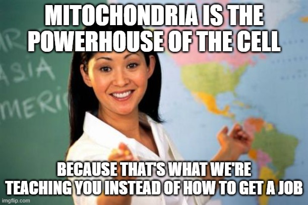 this is why teenagers are unsuccessful | MITOCHONDRIA IS THE POWERHOUSE OF THE CELL; BECAUSE THAT'S WHAT WE'RE TEACHING YOU INSTEAD OF HOW TO GET A JOB | image tagged in memes,unhelpful high school teacher,get a job | made w/ Imgflip meme maker
