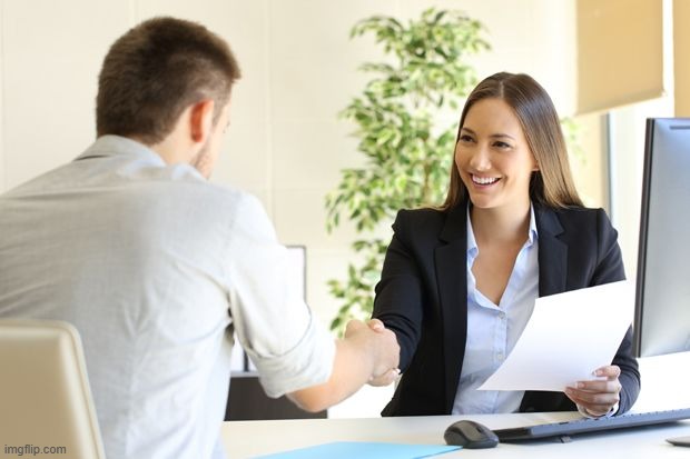 Female Setting Owner Telling New Male Employee, "You're Hired!"  | image tagged in female setting owner telling new male employee you're hired | made w/ Imgflip meme maker