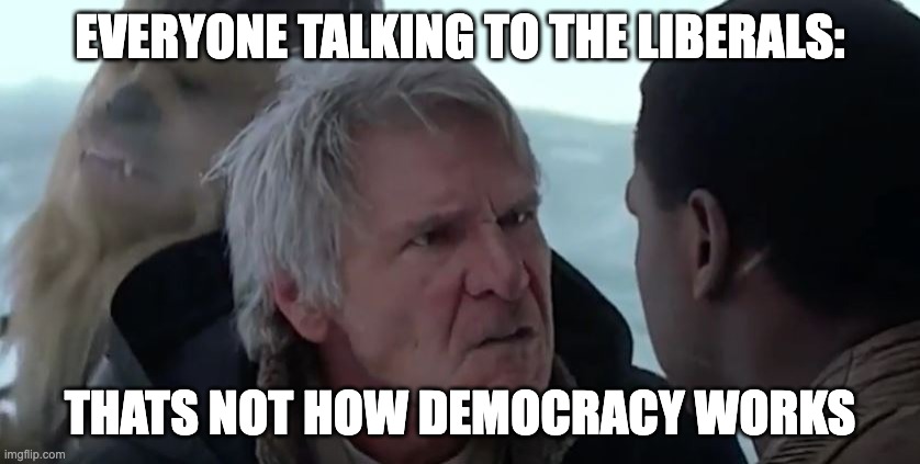 That's not how the force works  | EVERYONE TALKING TO THE LIBERALS: THATS NOT HOW DEMOCRACY WORKS | image tagged in that's not how the force works | made w/ Imgflip meme maker