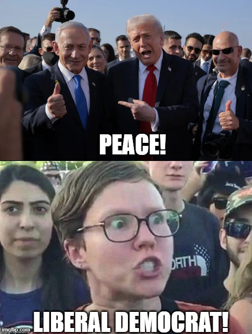 Peace | PEACE! LIBERAL DEMOCRAT! | image tagged in world peace,sam elliott special kind of stupid | made w/ Imgflip meme maker