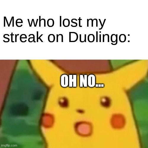 Surprised Pikachu Meme | Me who lost my streak on Duolingo: OH NO... | image tagged in memes,surprised pikachu | made w/ Imgflip meme maker