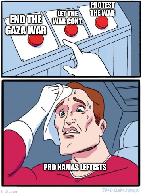 pro Hamas protestors pick a side!  LOL | LET THE WAR CONT. PROTEST THE WAR; END THE GAZA WAR; PRO HAMAS LEFTISTS | image tagged in three buttons,hostages,hamaspeacedeal,biden,presidenttrump | made w/ Imgflip meme maker