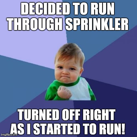 Success Kid | DECIDED TO RUN THROUGH SPRINKLER  TURNED OFF RIGHT AS I STARTED TO RUN! | image tagged in memes,success kid | made w/ Imgflip meme maker