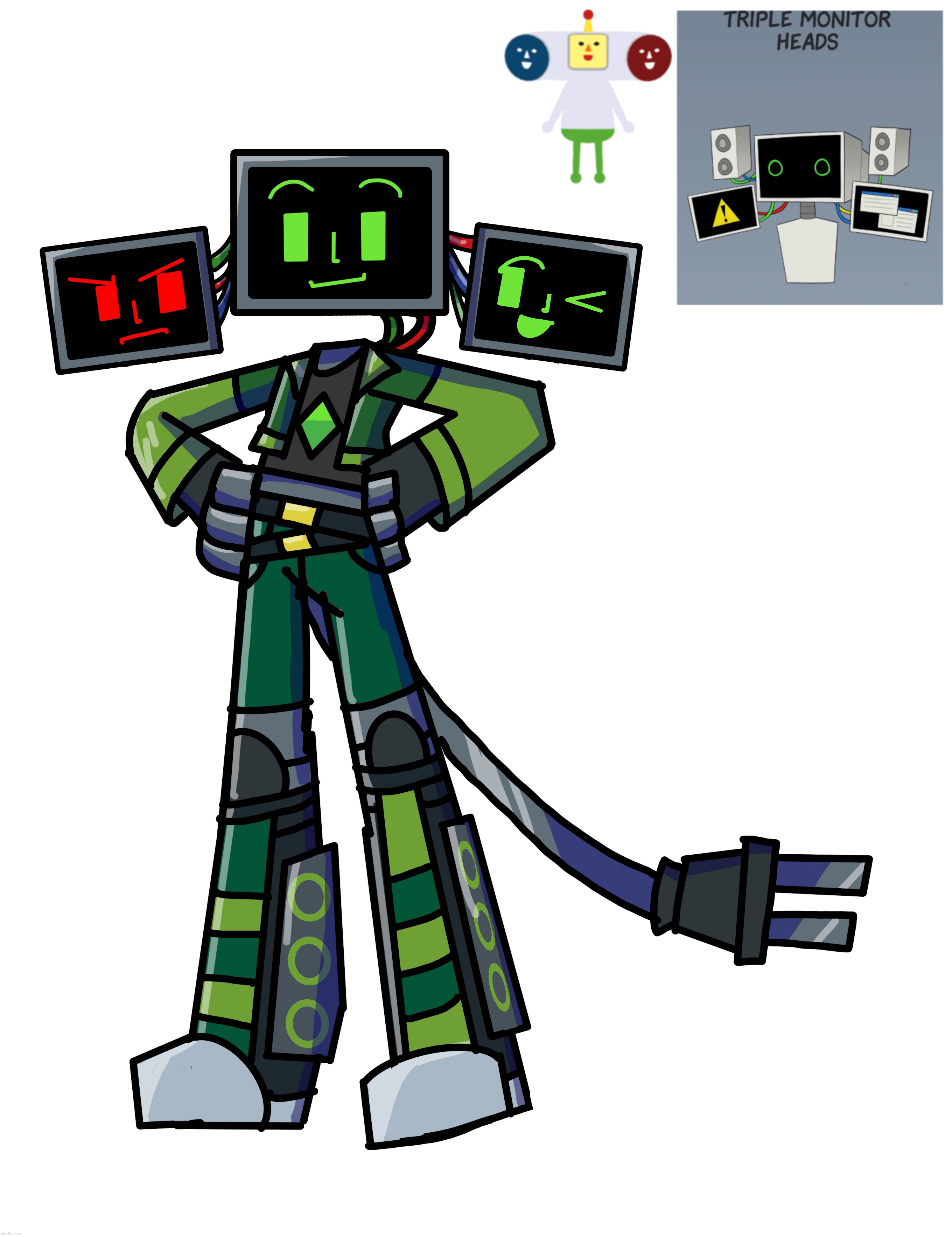 yesterday i decided to make this guy 3 freaking screen heads because he’s some sorta gaming pc (named Circuitrus by JF2K) | image tagged in what should i name this,unique take on screenheads | made w/ Imgflip meme maker