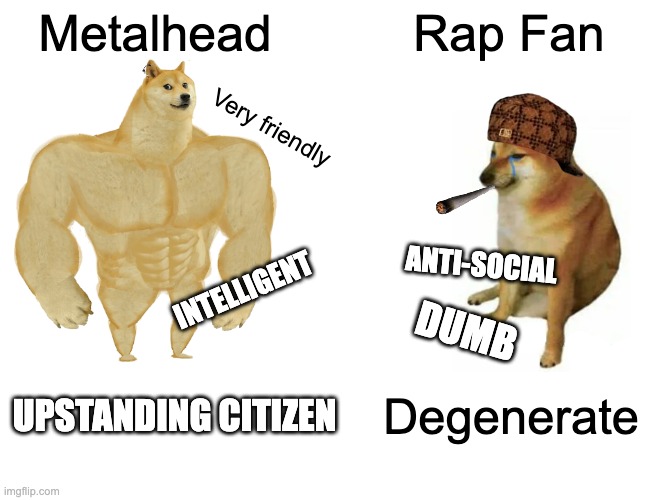 Metalhead vs. Rap Fan | Metalhead; Rap Fan; Very friendly; ANTI-SOCIAL; INTELLIGENT; DUMB; Degenerate; UPSTANDING CITIZEN | image tagged in memes,buff doge vs cheems,heavy metal,metal,funny | made w/ Imgflip meme maker