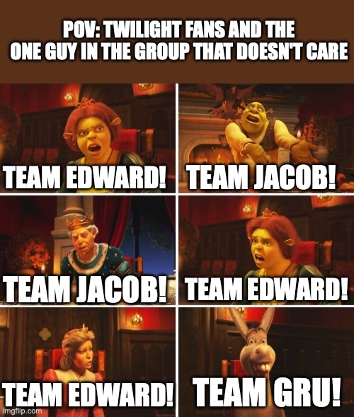 Shrek Fiona Harold Donkey | POV: TWILIGHT FANS AND THE ONE GUY IN THE GROUP THAT DOESN'T CARE; TEAM JACOB! TEAM EDWARD! TEAM EDWARD! TEAM JACOB! TEAM GRU! TEAM EDWARD! | image tagged in shrek fiona harold donkey | made w/ Imgflip meme maker