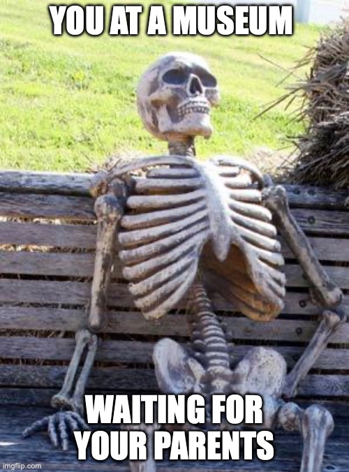 Waiting Skeleton Meme | YOU AT A MUSEUM; WAITING FOR YOUR PARENTS | image tagged in memes,waiting skeleton | made w/ Imgflip meme maker