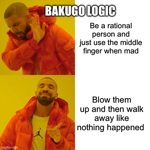Bakugo Logic when mad | BAKUGO LOGIC; Be a rational person and just use the middle finger when mad; Blow them up and then walk away like nothing happened | image tagged in memes,drake hotline bling | made w/ Imgflip meme maker