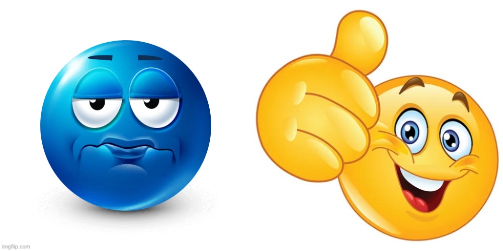 is the blue emojis are actually named joobi and yellow ones are named funnicons so the new ship name is now joobicon | image tagged in frustrated blue emoji,thumbs up bitches | made w/ Imgflip meme maker
