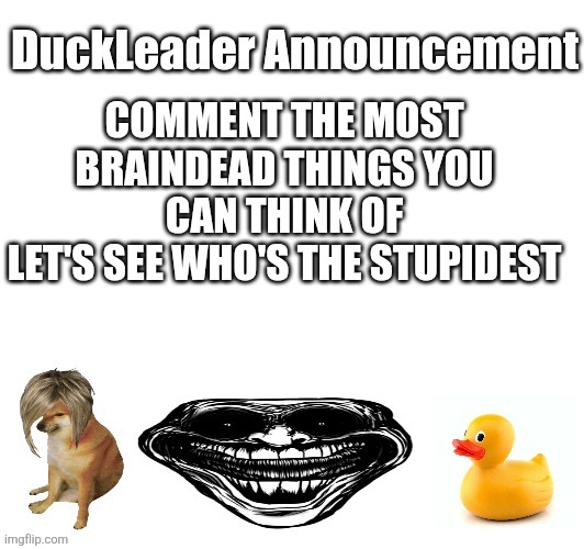 DuckLeader announcement | COMMENT THE MOST BRAINDEAD THINGS YOU CAN THINK OF
LET'S SEE WHO'S THE STUPIDEST | image tagged in duckleader announcement | made w/ Imgflip meme maker