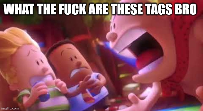 Captain Underpants Scream | WHAT THE FUCK ARE THESE TAGS BRO | image tagged in captain underpants scream | made w/ Imgflip meme maker