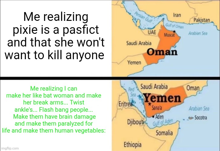 It's technically not killing if the victim still breathes | Me realizing pixie is a pasfict and that she won't want to kill anyone; Me realizing I can make her like bat woman and make her break arms... Twist ankle's... Flash bang people...  Make them have brain damage and make them paralyzed for life and make them human vegetables: | image tagged in oman and yemen | made w/ Imgflip meme maker