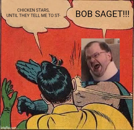 these niche memes need to stop ToT | CHICKEN STARS, UNTIL THEY TELL ME TO ST-; BOB SAGET!!! | image tagged in memes,batman slapping robin,tourettes guy,chicken stars,bruh | made w/ Imgflip meme maker