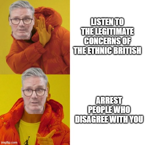 Drake Blank | LISTEN TO THE LEGITIMATE CONCERNS OF THE ETHNIC BRITISH; ARREST PEOPLE WHO DISAGREE WITH YOU | image tagged in drake blank | made w/ Imgflip meme maker