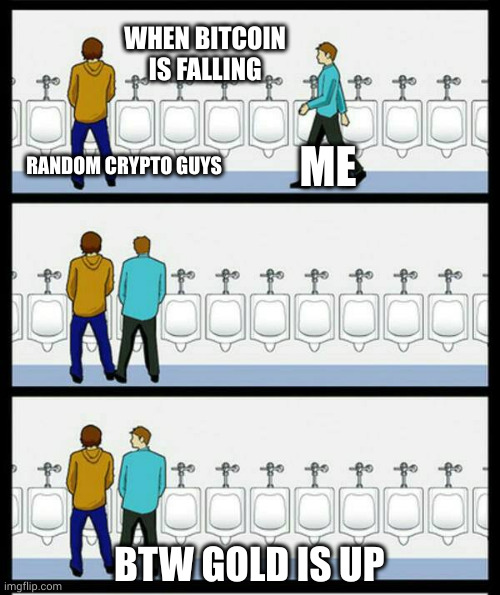 Bitcoin is falling | WHEN BITCOIN IS FALLING; ME; RANDOM CRYPTO GUYS; BTW GOLD IS UP | image tagged in toilet guy | made w/ Imgflip meme maker