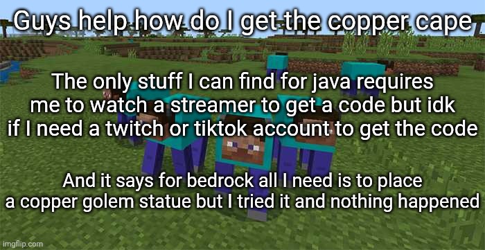 me and the boys | Guys help how do I get the copper cape; The only stuff I can find for java requires me to watch a streamer to get a code but idk if I need a twitch or tiktok account to get the code; And it says for bedrock all I need is to place a copper golem statue but I tried it and nothing happened | image tagged in me and the boys | made w/ Imgflip meme maker