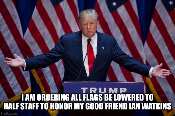 Donald Trump | I AM ORDERING ALL FLAGS BE LOWERED TO HALF STAFF TO HONOR MY GOOD FRIEND IAN WATKINS | image tagged in donald trump | made w/ Imgflip meme maker