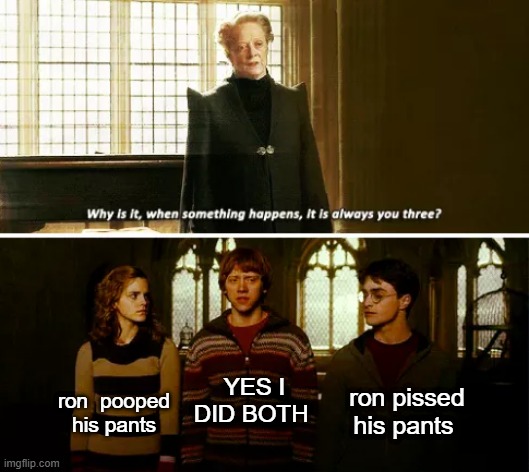 Always you three | ron pissed his pants; YES I DID BOTH; ron  pooped  his pants | image tagged in always you three | made w/ Imgflip meme maker
