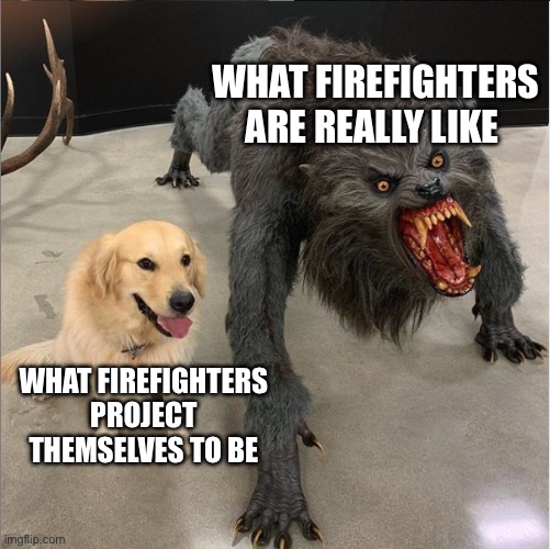 I volunteered at a Firehouse. It was nightmarish | WHAT FIREFIGHTERS ARE REALLY LIKE; WHAT FIREFIGHTERS PROJECT THEMSELVES TO BE | image tagged in dog vs werewolf | made w/ Imgflip meme maker