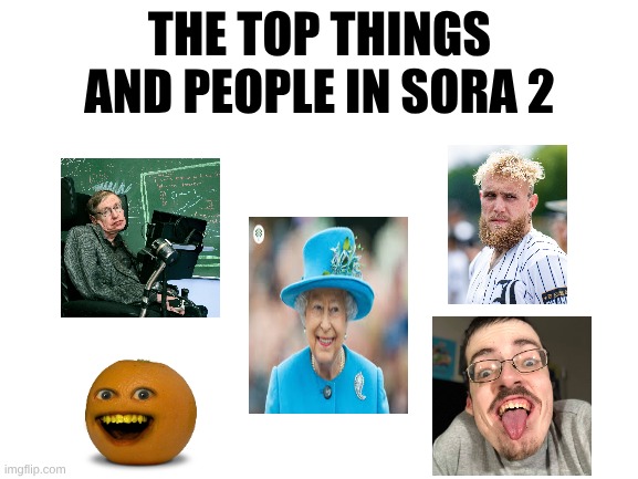 just no reason or context provided and the ai thinks annoying orange is copyrighted | THE TOP THINGS AND PEOPLE IN SORA 2 | image tagged in blank white template,ai generated | made w/ Imgflip meme maker
