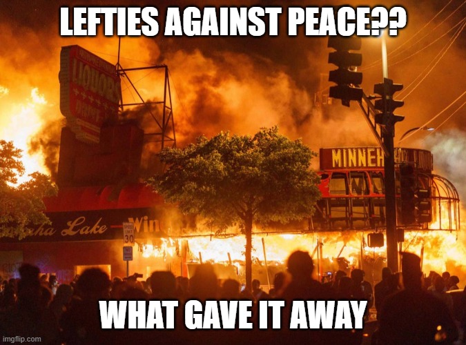 Mostly Peaceful Protesting | LEFTIES AGAINST PEACE?? WHAT GAVE IT AWAY | image tagged in mostly peaceful protesting | made w/ Imgflip meme maker