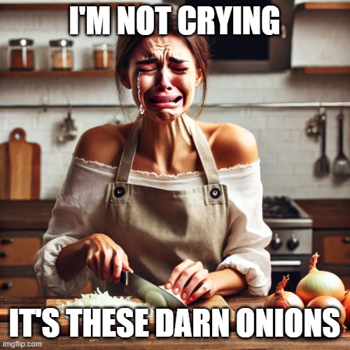 Woman Crying While Chopping Onions | I'M NOT CRYING IT'S THESE DARN ONIONS | image tagged in woman crying while chopping onions | made w/ Imgflip meme maker