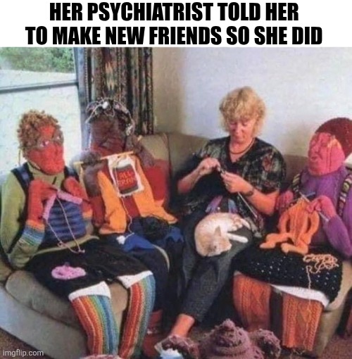 Her Psychiatrist Told Her To Make New Friends So She Did | HER PSYCHIATRIST TOLD HER 
TO MAKE NEW FRIENDS SO SHE DID | image tagged in chrisjoines1 | made w/ Imgflip meme maker